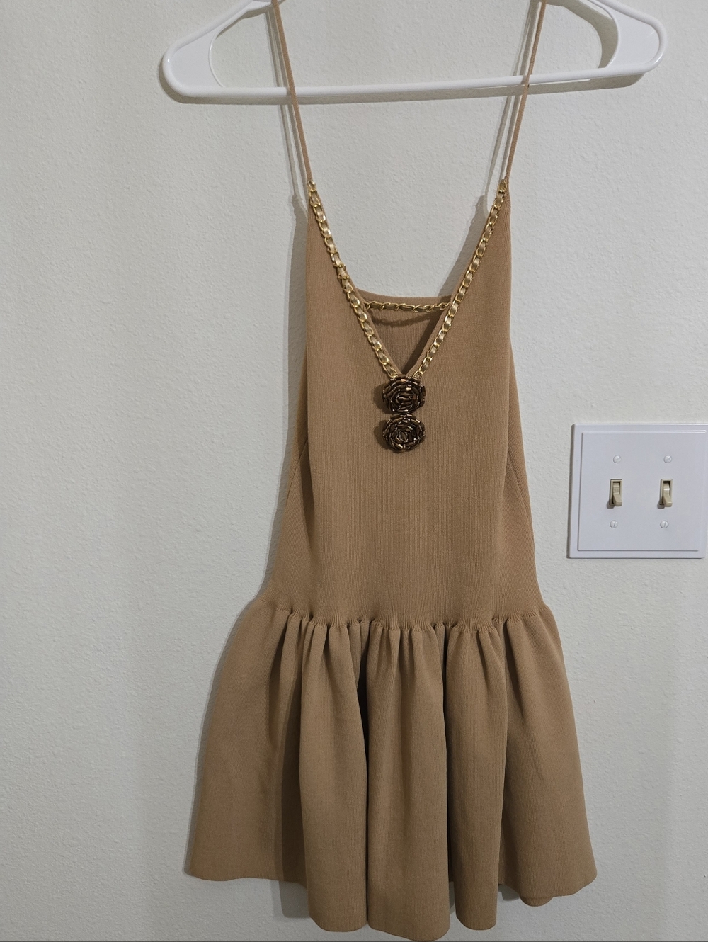 Spaghetti Strap Mini Dress in Camel with Gold Accent